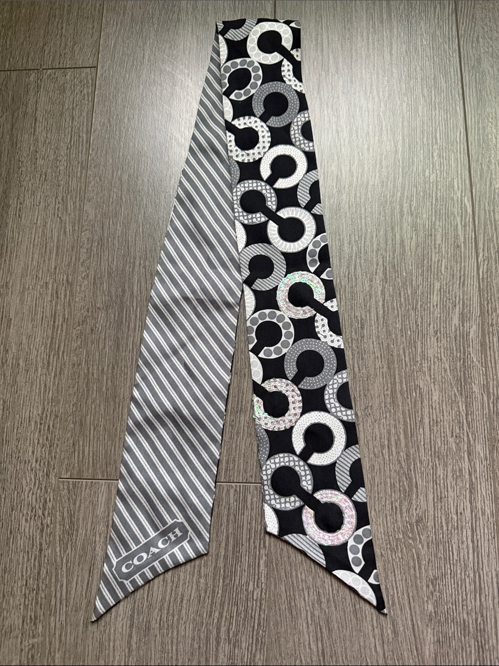 Coach 100% Silk Skinny Scarf Tie Textured Signature C Monogram Black Grey Silver